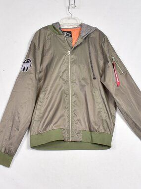 BKC Brooklyn Cloth Work Wear Olive Green Bomber Windbreaker Size Large Hooded